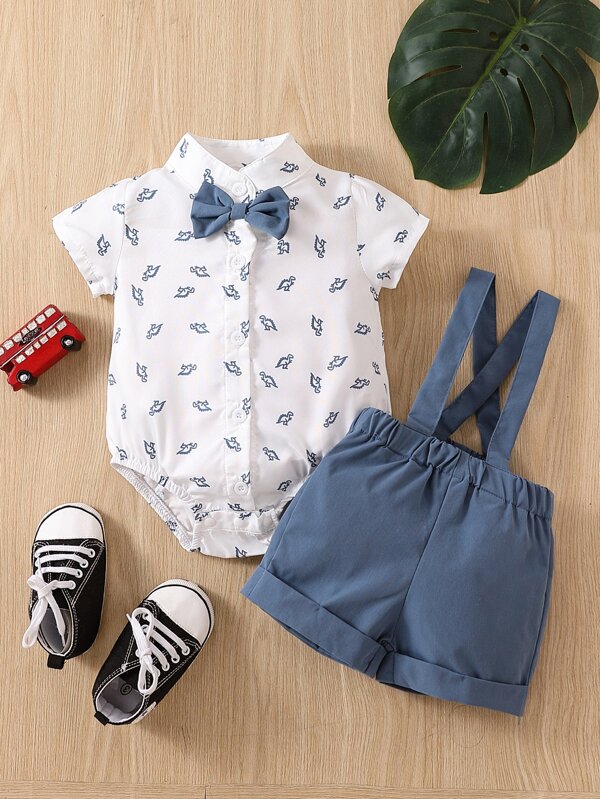 Conjunto de 2 piezas para bebé niños, body y shorts con tirantes