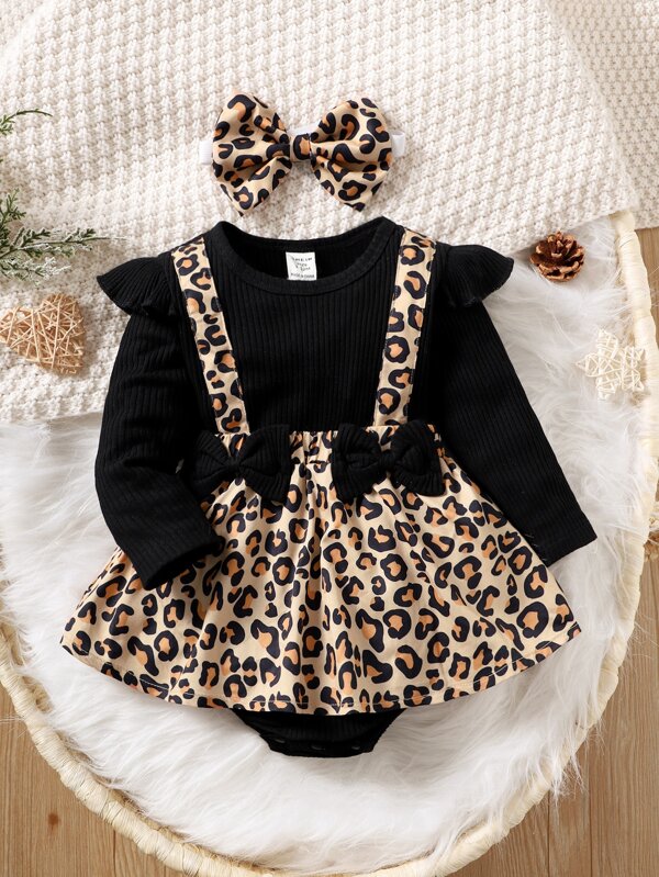 Vestido de body estampado de leopardo para bebé niña (incluye cintillo)