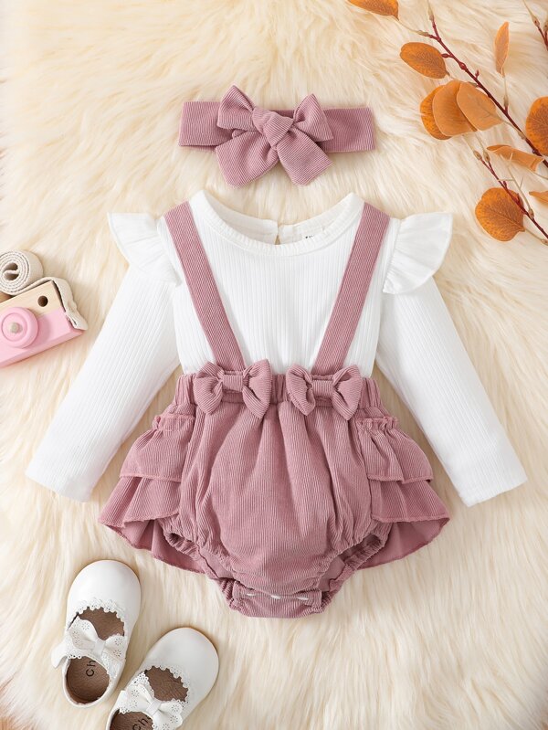 Set de 2 piezas para bebé niña, body con short y tirante más lazo