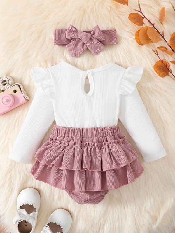 Set de 2 piezas para bebé niña, body con short y tirante más lazo