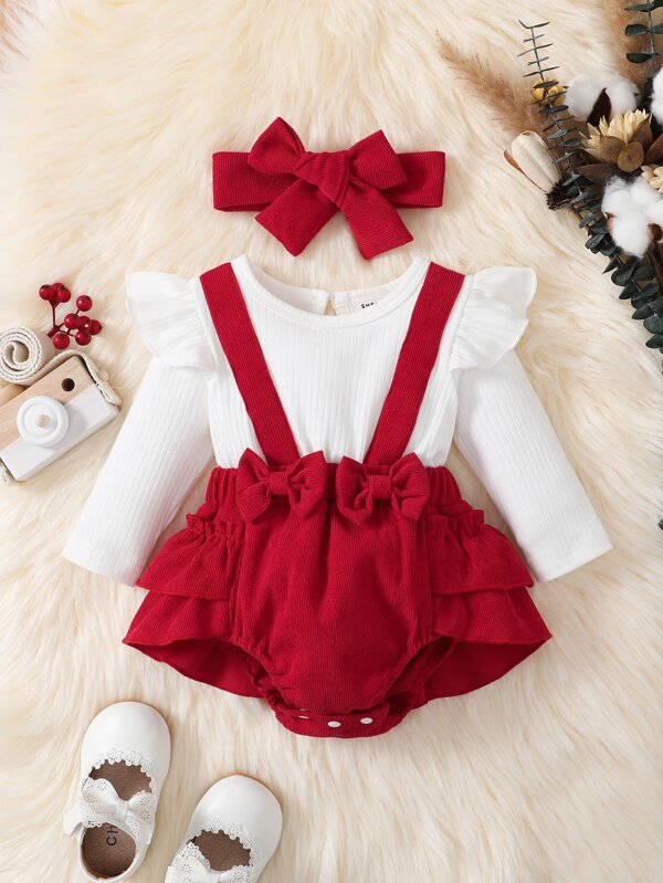Set de 2 piezas para bebé niña, body con short y tirante más lazo