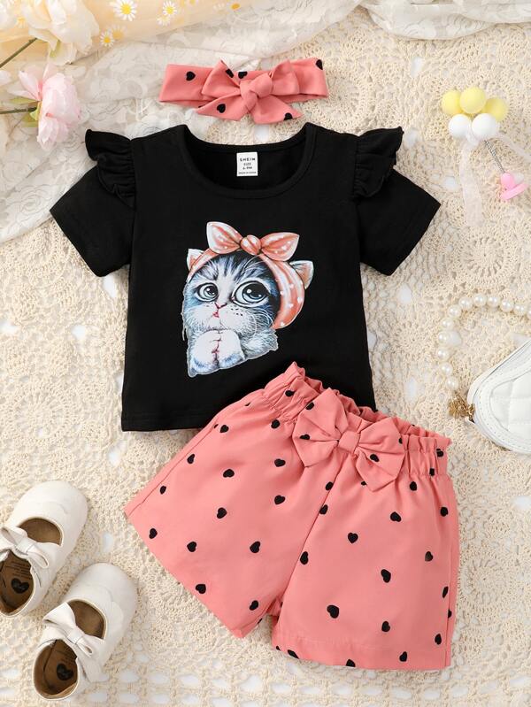 Set de 3 piezas para bebé y niñas pequeñas, franela, short y diadema