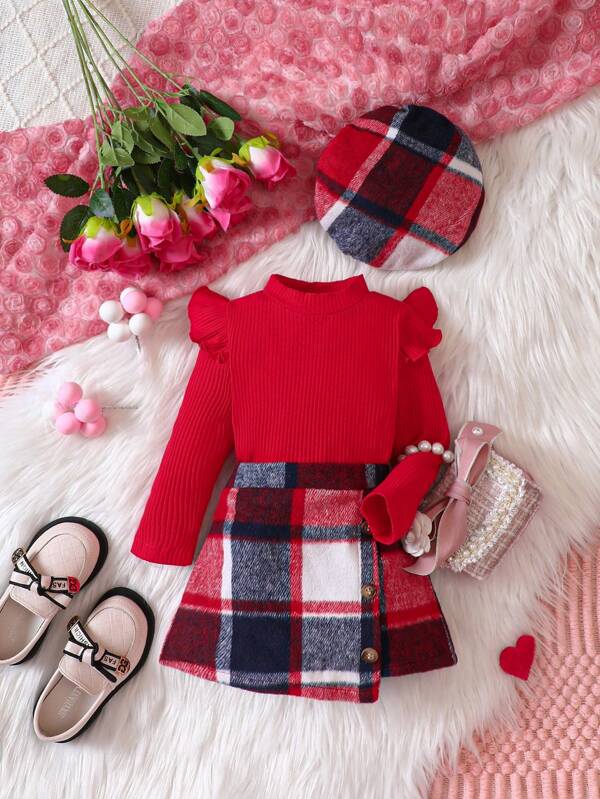 Set de 3 piezas para bebé y niña pequeña, sweater, falda y bohina