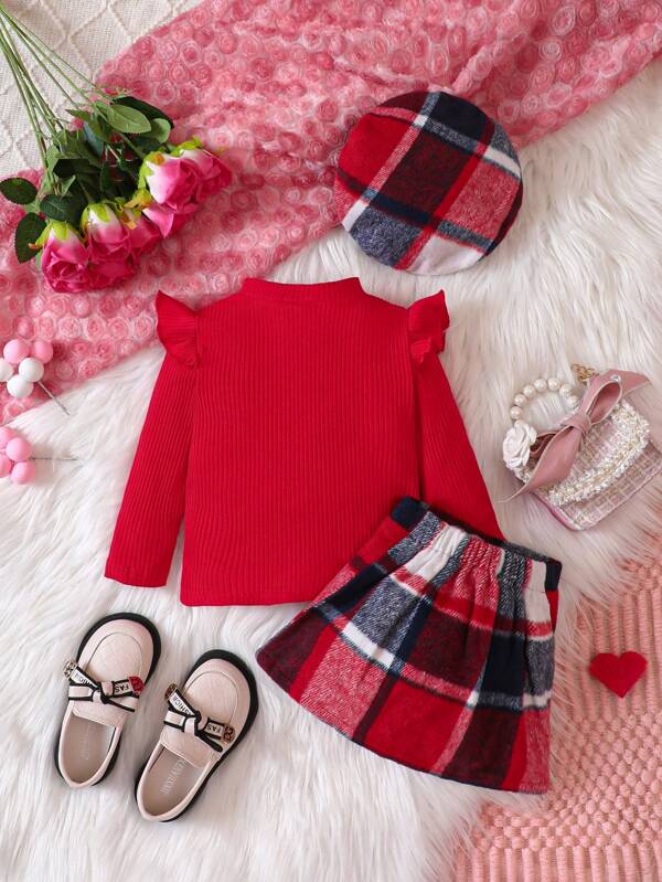 Set de 3 piezas para bebé y niña pequeña, sweater, falda y bohina