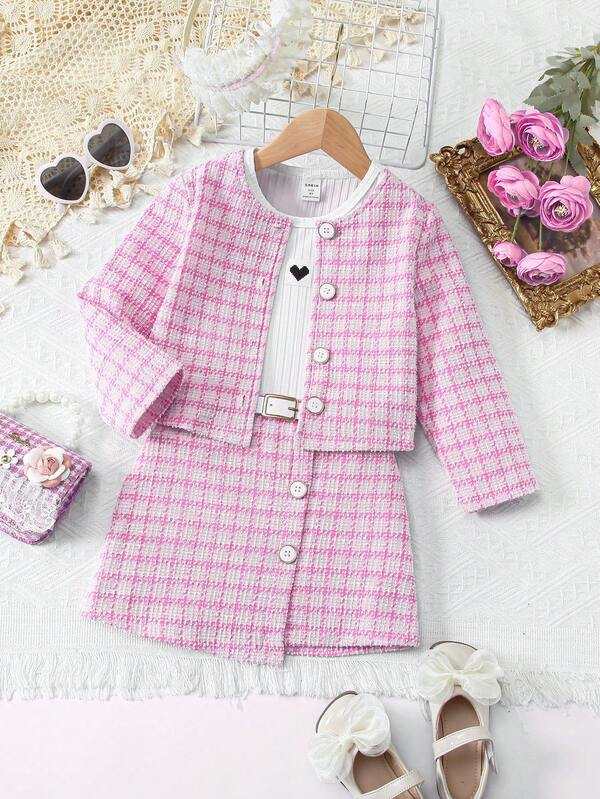 Conjunto de 4 piezas para niñas pequeñas, chaqueta, blusa y falda con cinturón
