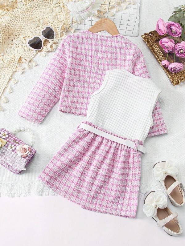Conjunto de 4 piezas para niñas pequeñas, chaqueta, blusa y falda con cinturón