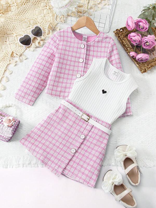 Conjunto de 4 piezas para niñas pequeñas, chaqueta, blusa y falda con cinturón