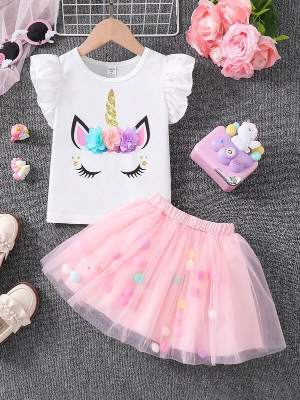 Conjunto de 2 piezas para niñas pequeñas, blusa y falda
