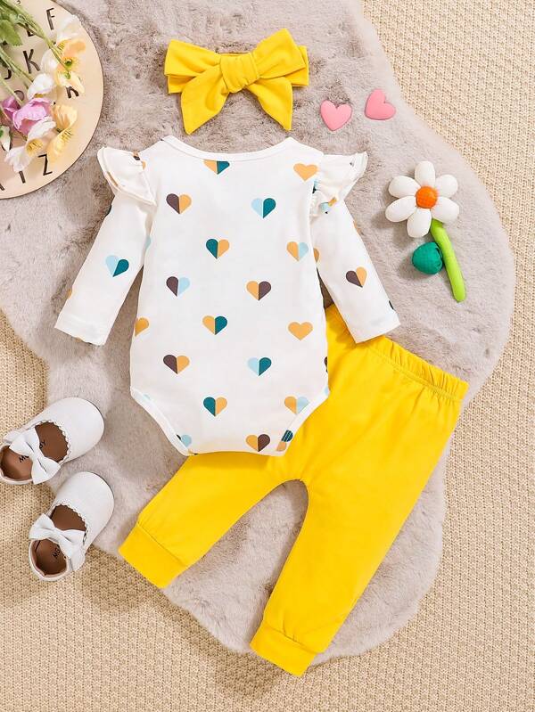 Set de 3 piezas para bebé niña, body, joggers y lazo