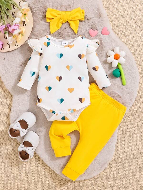 Set de 3 piezas para bebé niña, body, joggers y lazo