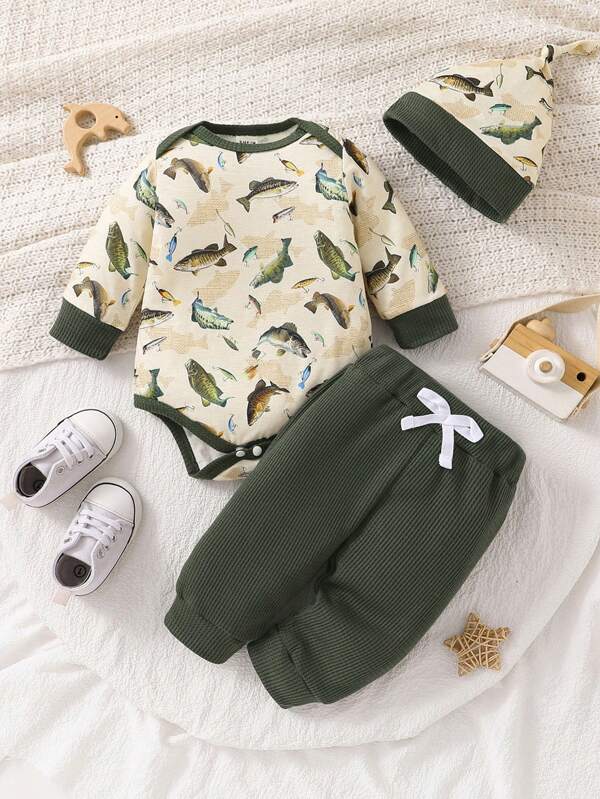 Set de 3 piezas para bebé niño, body, mono y gorro