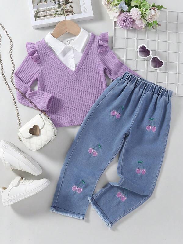 Conjunto de 2 piezas para niñas pequeñas, sweater y pantalón
