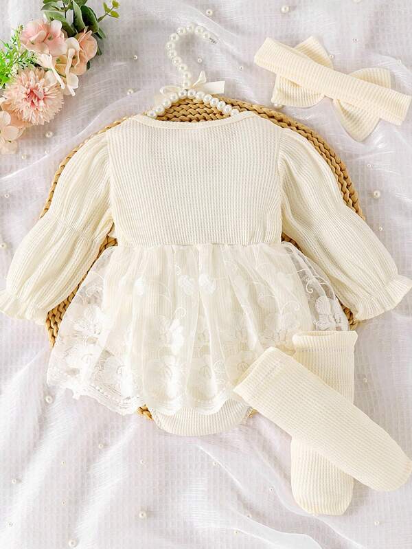 Set de 3 piezas para bebé, vestido-body, calcetines y diadema