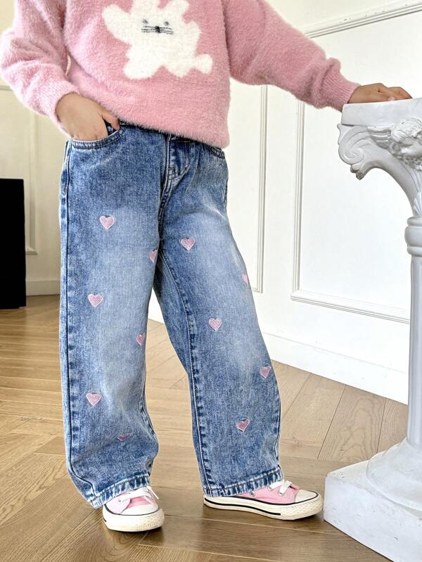 Pantalón denim con corazones para niñas pequeñas