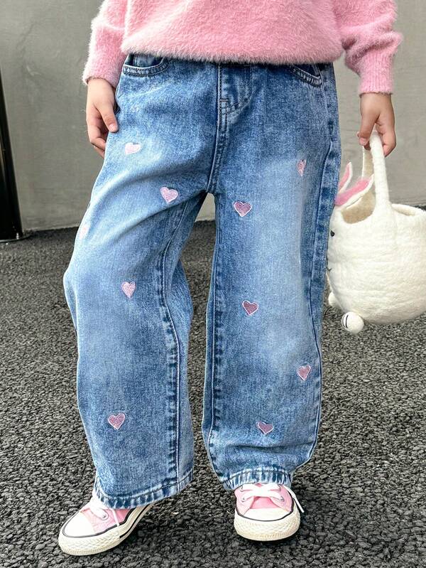 Pantalón denim con corazones para niñas pequeñas