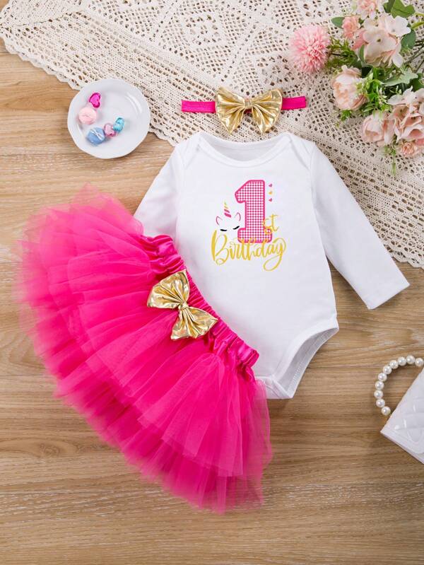 Set de 3 piezas para bebé niña, body, falda y diadema