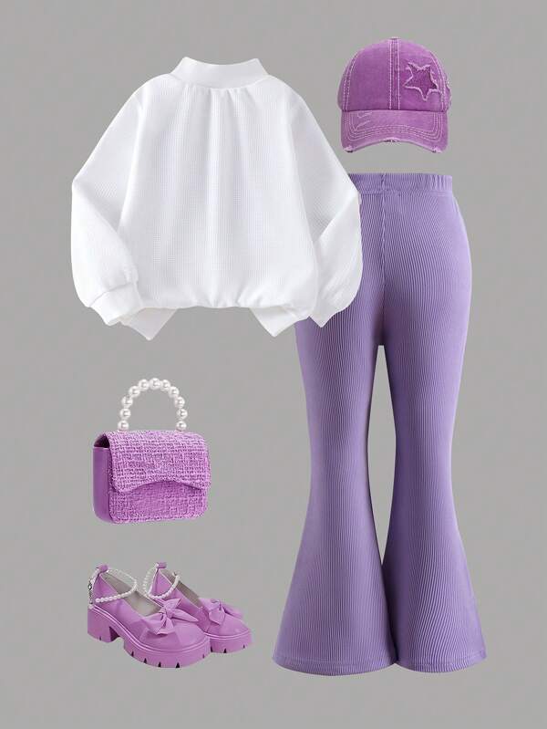 Conjunto de 2 piezas para niñas pequeñas, sweater y mono acampanado