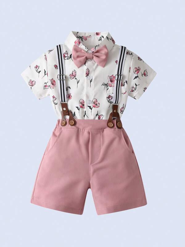 Conjunto de 2 piezas para bebé y niños pequeños, camisa y shorts con tirantes