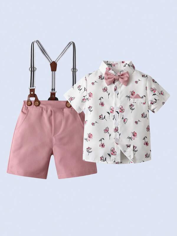 Conjunto de 2 piezas para bebé y niños pequeños, camisa y shorts con tirantes
