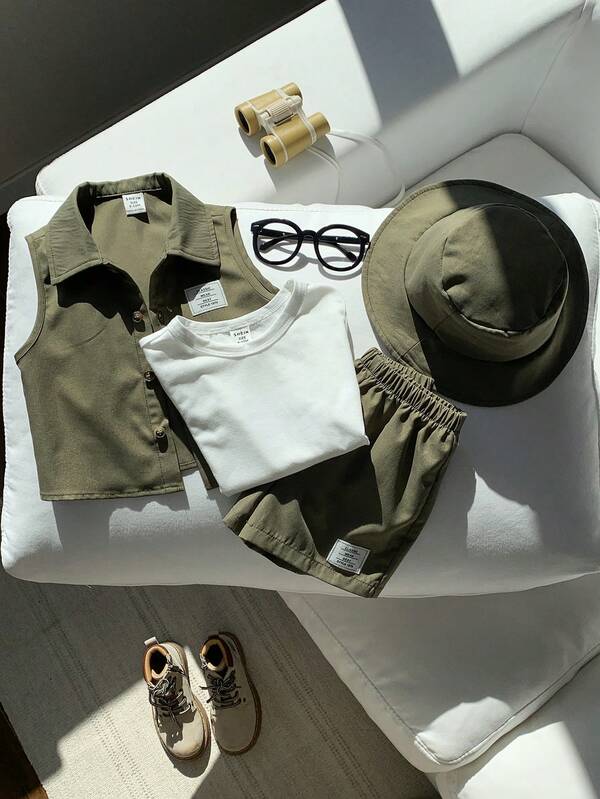 Set de 4 piezas para bebé y niños pequeños, franela, chaleco, short y gorro