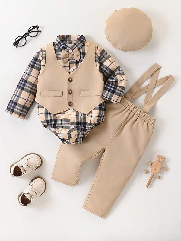 Set de 4 piezas para bebé y niño pequeño, camisa, chaleco, pantalón con tirantes y gorros