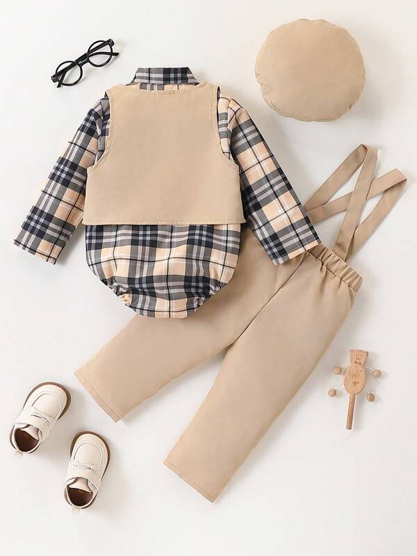 Set de 4 piezas para bebé y niño pequeño, camisa, chaleco, pantalón con tirantes y gorros