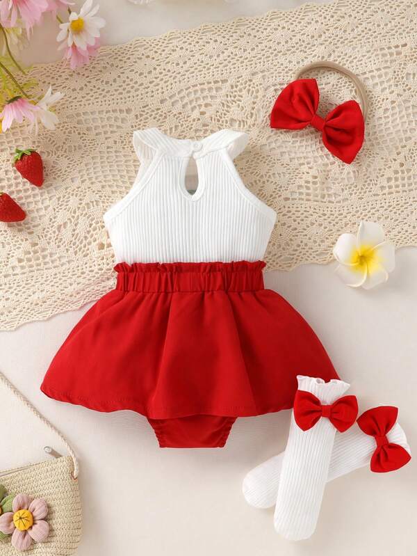 Set de 3 piezas para bebé niña, vestido, calcetines y diadema
