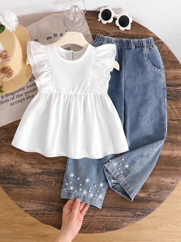 Conjunto de 2 piezas para niñas pequeñas, blusa y pantalón