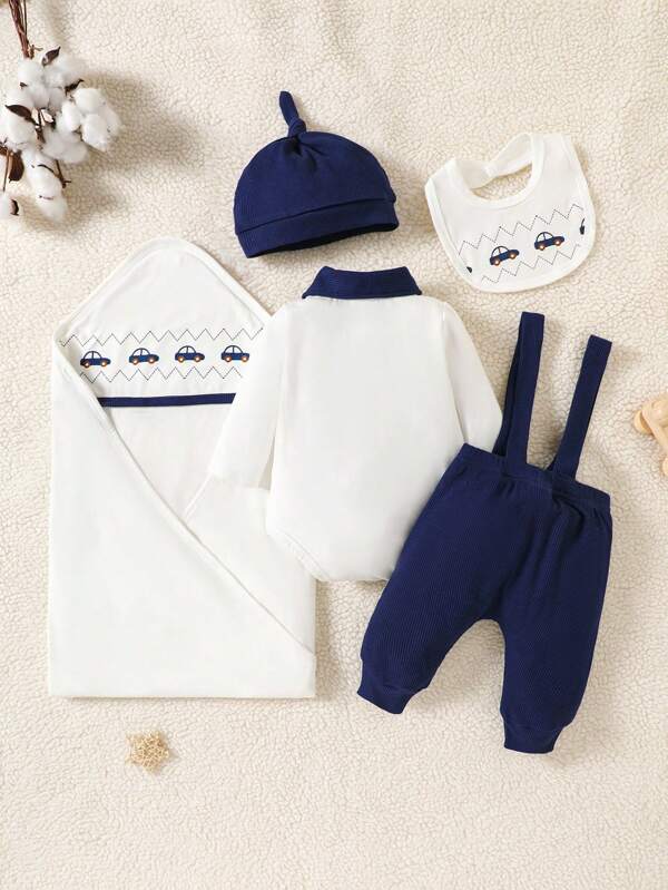Set de 5 piezas para bebé y niño pequeño, body, pantalón con tirantes, gorro, babero y manta