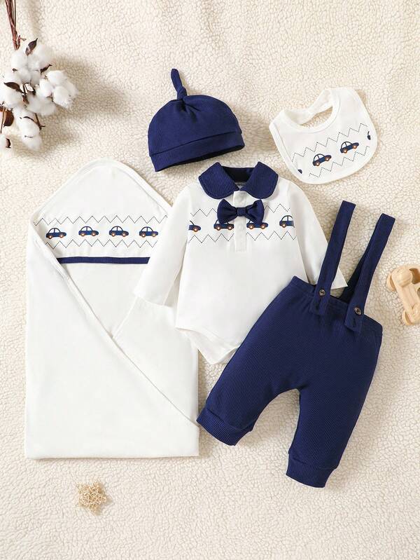 Set de 5 piezas para bebé y niño pequeño, body, pantalón con tirantes, gorro, babero y manta