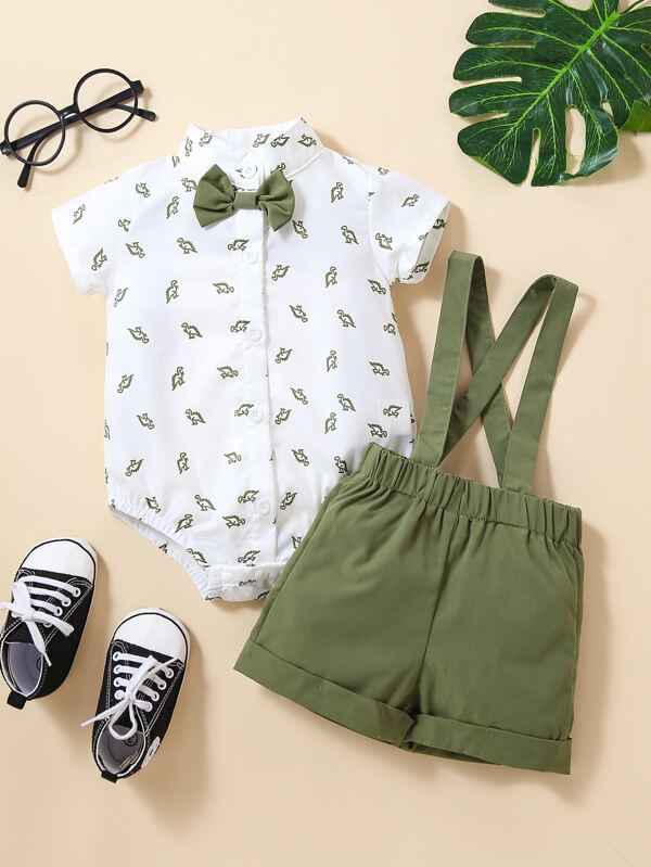 Conjunto de 2 piezas para bebé niños, body y shorts con tirantes
