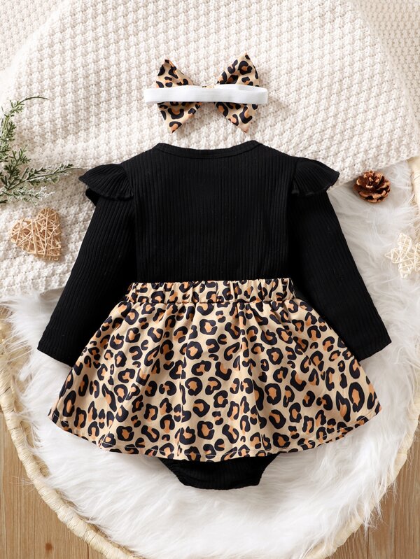 Vestido de body estampado de leopardo para bebé niña (incluye cintillo)