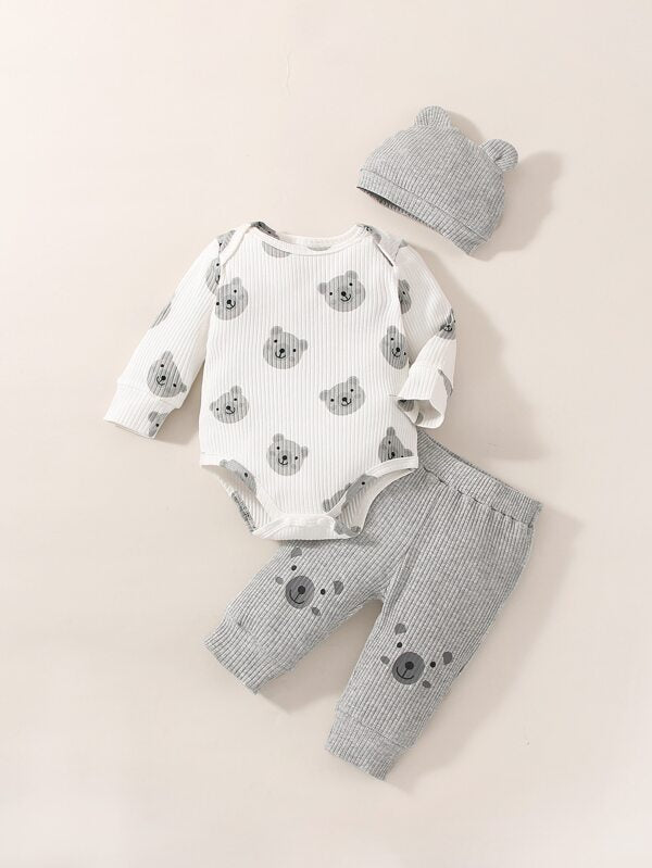 Set de 3 piezas para bebé niño, body, mono y gorro