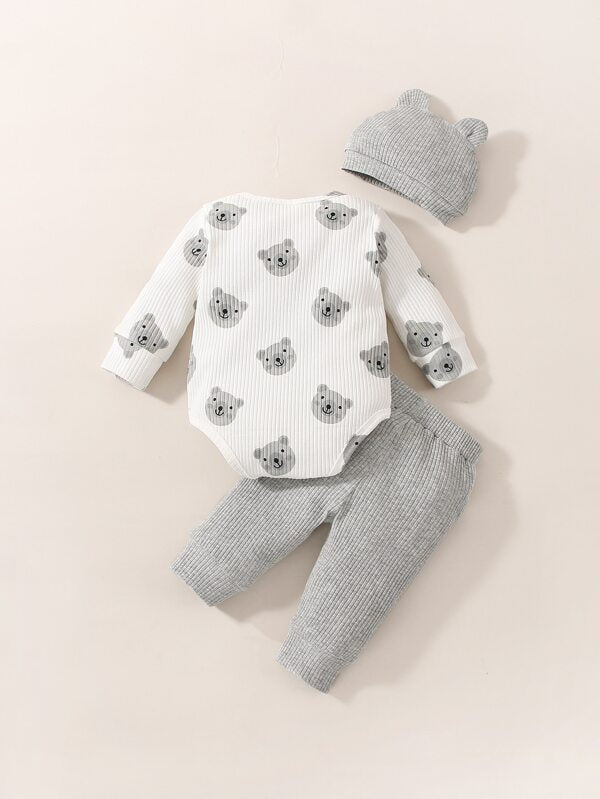 Set de 3 piezas para bebé niño, body, mono y gorro