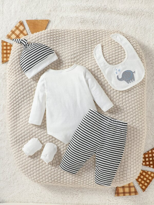 Set de 5 piezas para bebé niño, body, pantalón, babero, manoplas y gorro