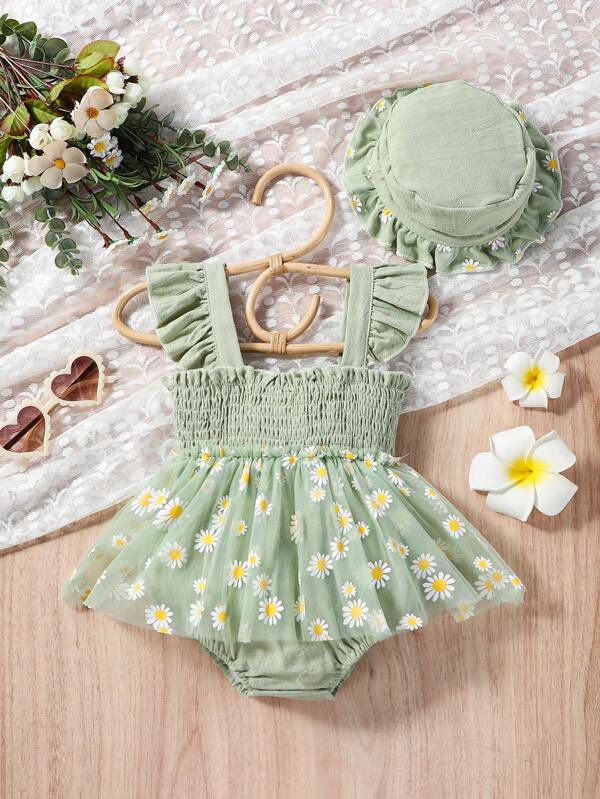 Set de 2 piezas para bebé niña, body con falda y sombrero