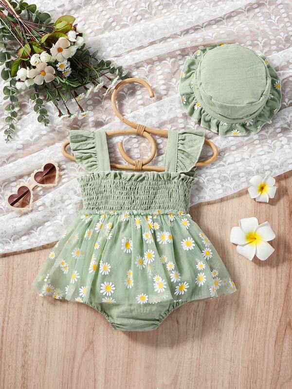 Set de 2 piezas para bebé niña, body con falda y sombrero