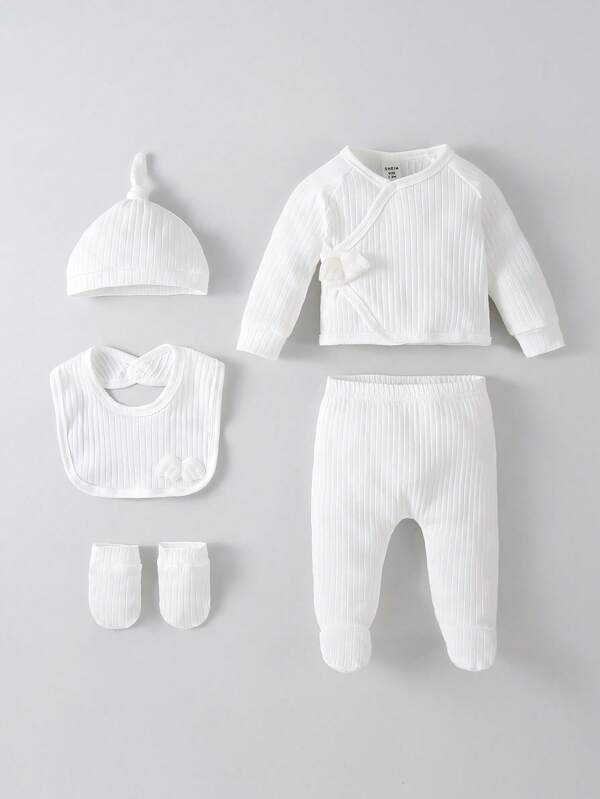 Set de 5 piezas para bebé niño, sweater, mono, manoplas, babero y gorro