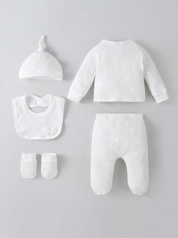 Set de 5 piezas para bebé niño, sweater, mono, manoplas, babero y gorro