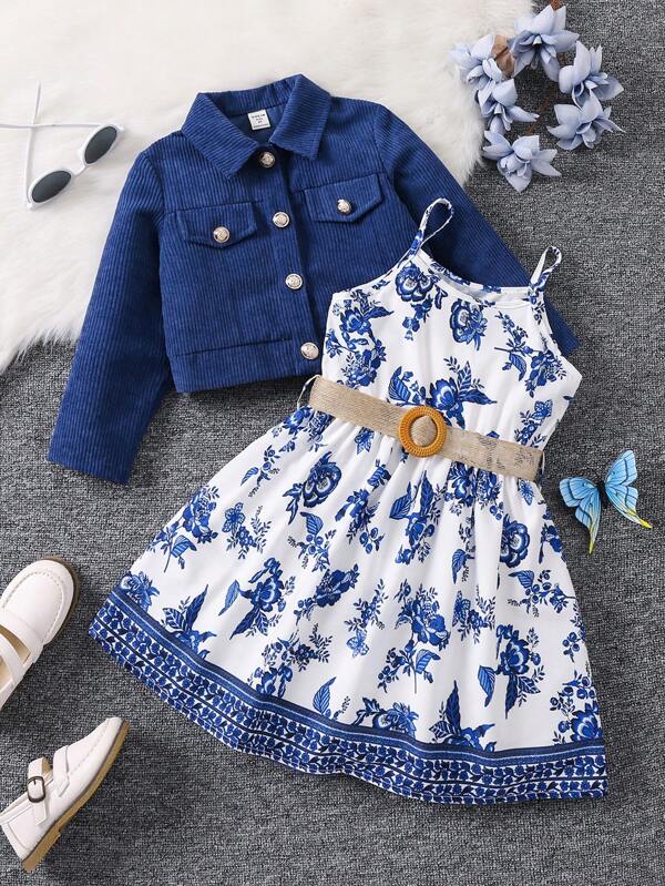 Conjunto de 2 piezas para niñas pequeñas, chaqueta y vestido (incluye cinturón)