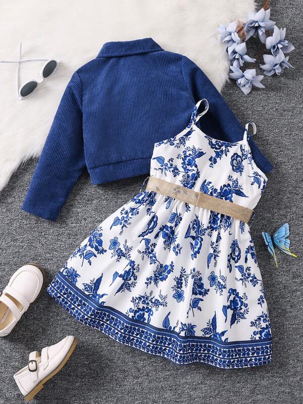 Conjunto de 2 piezas para niñas pequeñas, chaqueta y vestido (incluye cinturón)