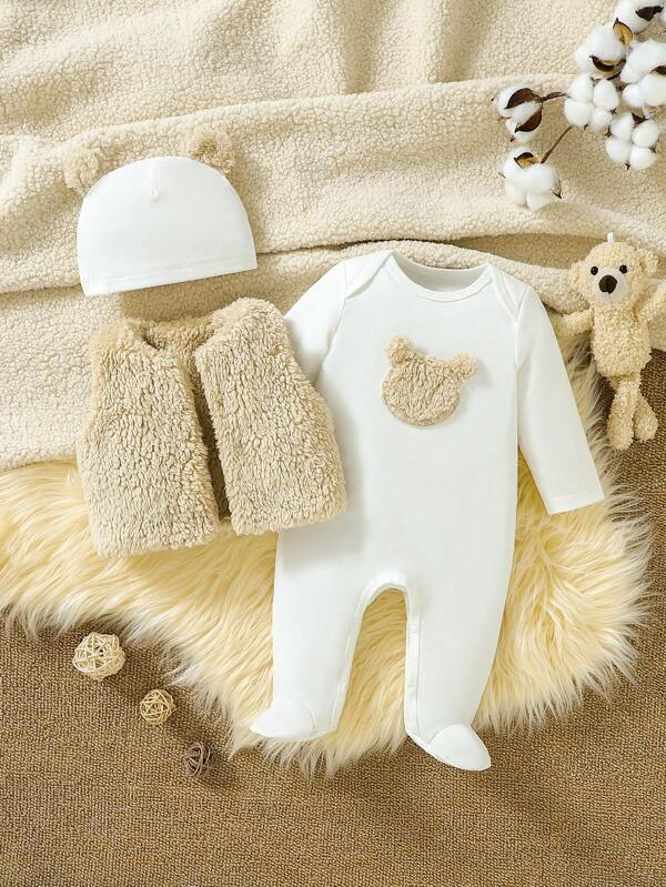 Set de 3 piezas para bebé niña, chaleco, mameluco y gorro