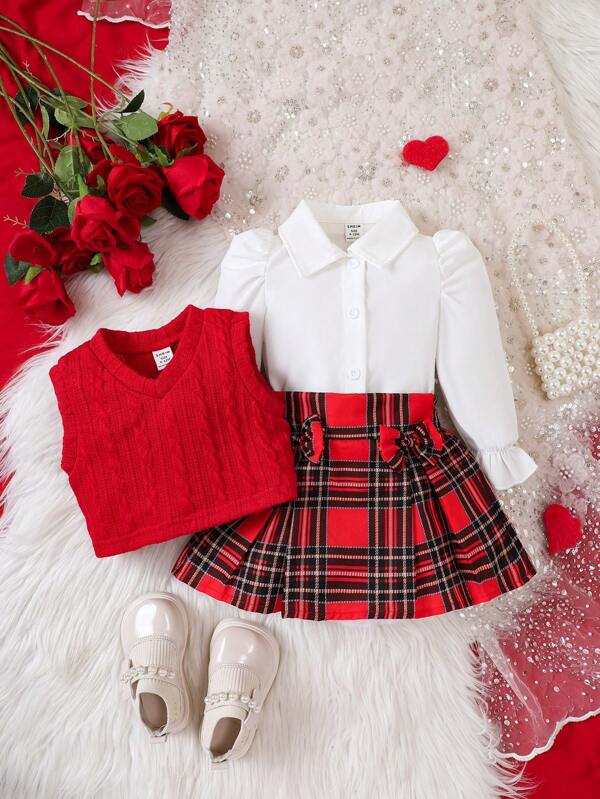 Conjunto de 3 piezas para bebé y niñas pequeñas, camisa, chaleco y falda