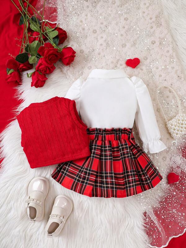 Conjunto de 3 piezas para bebé y niñas pequeñas, camisa, chaleco y falda