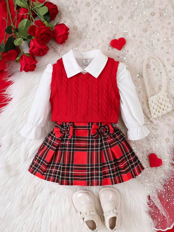 Conjunto de 3 piezas para bebé y niñas pequeñas, camisa, chaleco y falda