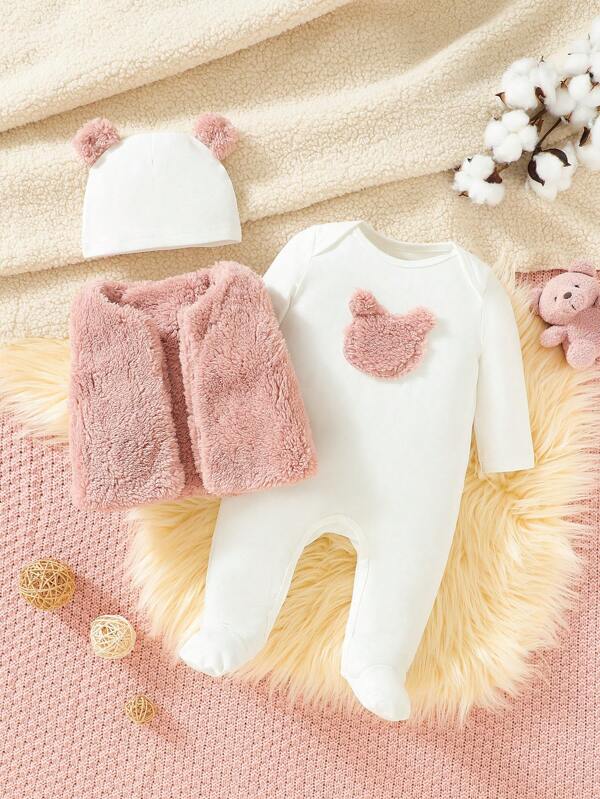 Set de 3 piezas para bebé niña, chaleco, mameluco y gorro