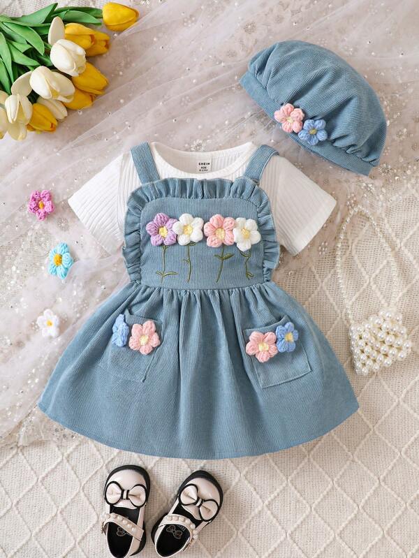 Conjunto de 3 piezas para bebé y niñas pequeñas, blusa, vestido y bohina