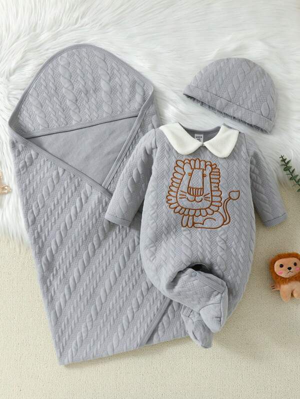 Set de 3 piezas para bebé niño, mameluco, manta y gorro