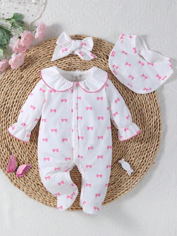 Set de 3 piezas para bebé niña, mameluco, babero y lazo