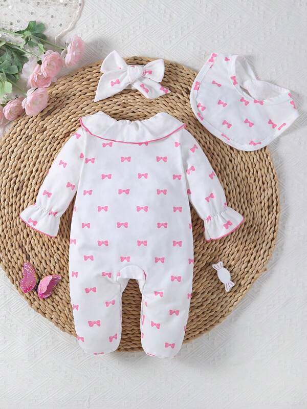 Set de 3 piezas para bebé niña, mameluco, babero y lazo